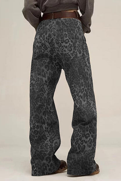 Vintage Leopard Print Wide Leg Denim Pants Lavish Daily