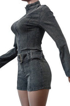 Washed Denim Zip Up Top & Shorts Set Lavish Daily