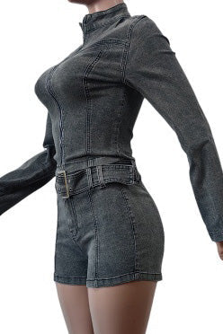 Washed Denim Zip Up Top & Shorts Set Lavish Daily