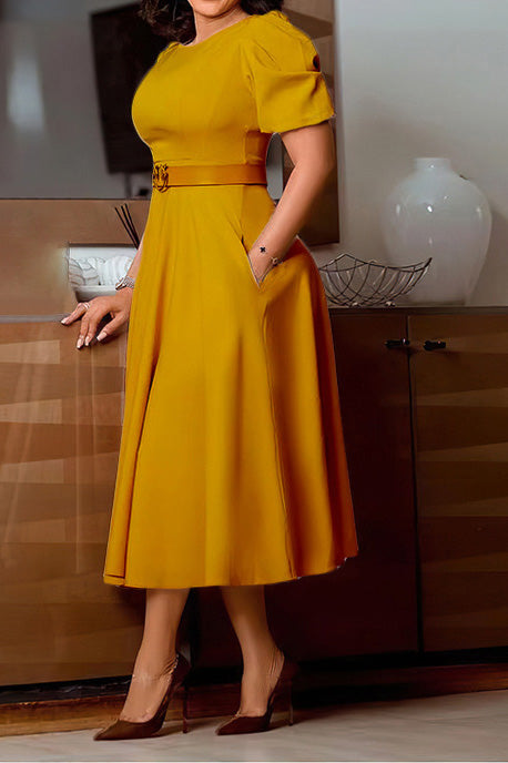 Puff-Sleeve Belted A-Line Midi Dress Lavish Daily