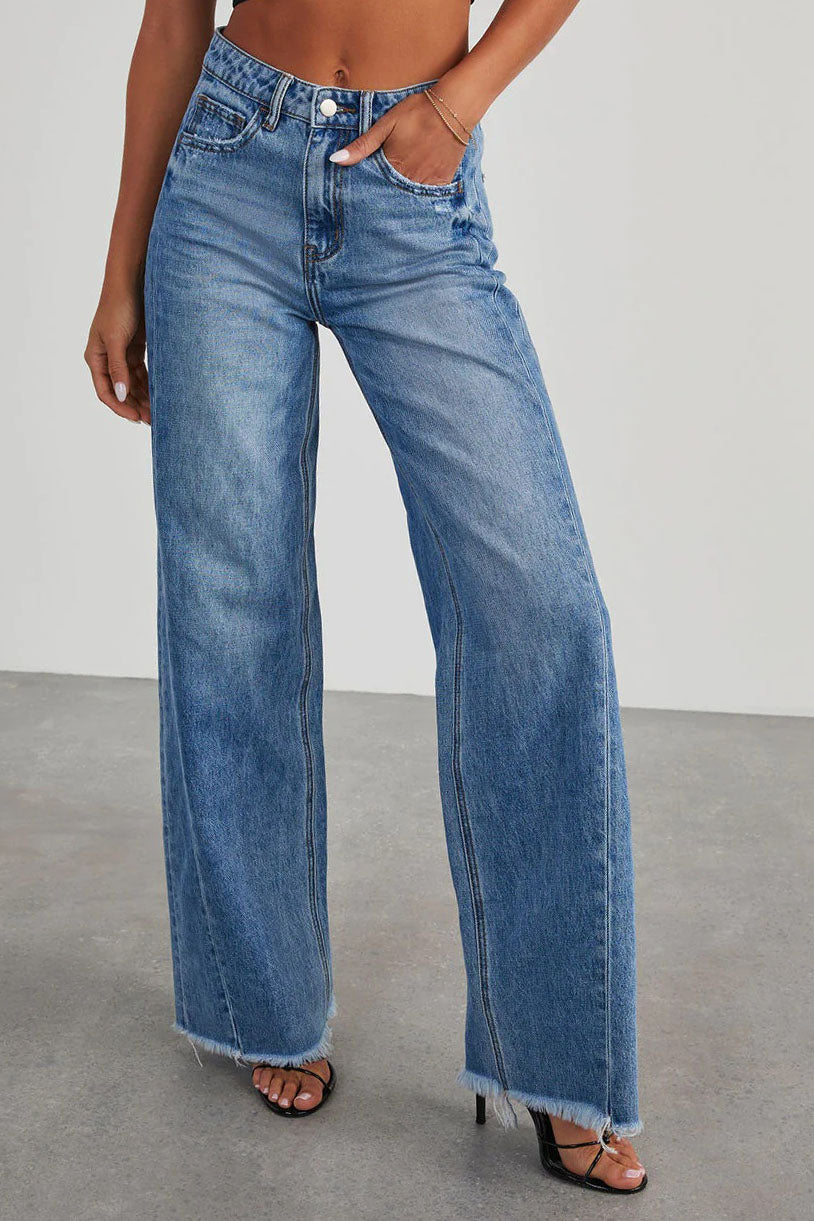 High Waisted Frayed Hem Denim Pants Lavish Daily