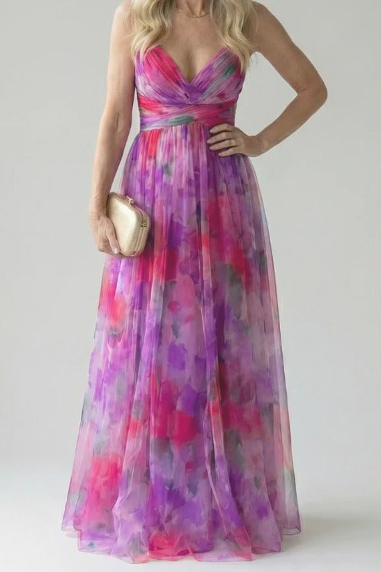 Abstract Chiffon Cutout Backless Maxi Dress LavishDaily