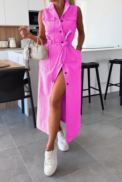 Sleeveless Belted Utility Maxi Shirt Dress Lavish Daily