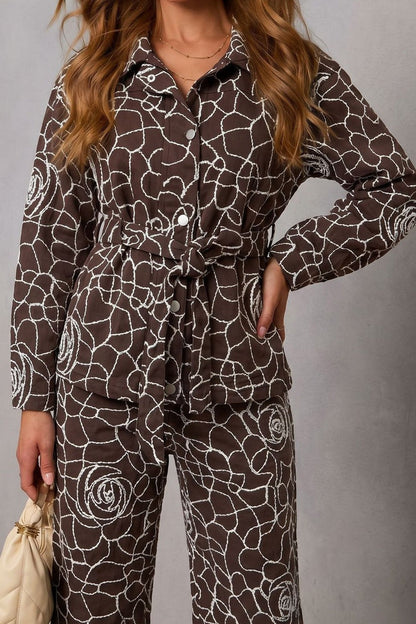 Embroidered Belted Wide Leg Matching Set LavishDaily