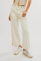 Washed Wide Leg Cuffed Jeans Lavish Daily