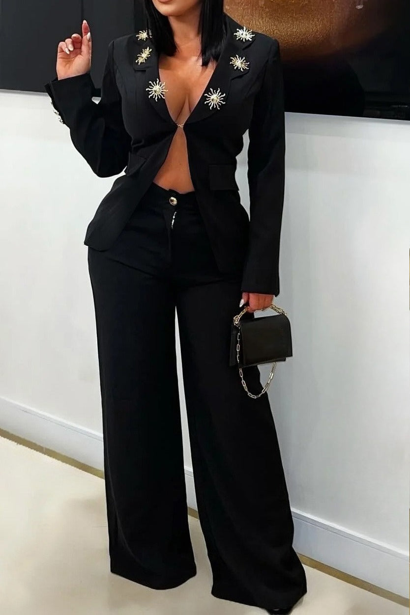 Elegant Lapel Blazer & Pants Set Lavish Daily