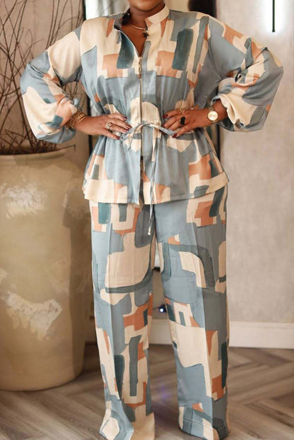 Printed Stand Collar Drawstring Waist 2-Piece Set Lavish Daily