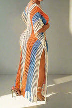 Colorblock V Neck Short Sleeve Split Cover Up Lavish Daily