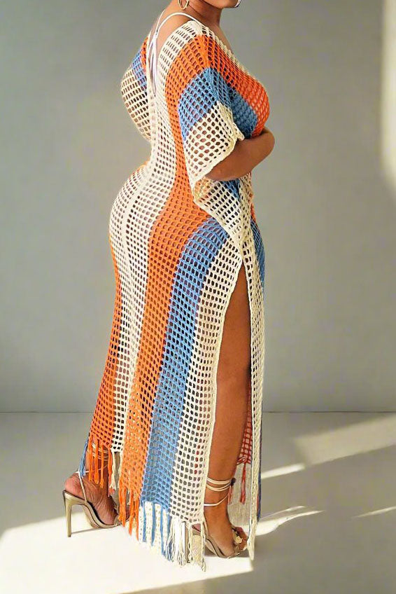 Colorblock V Neck Short Sleeve Split Cover Up Lavish Daily