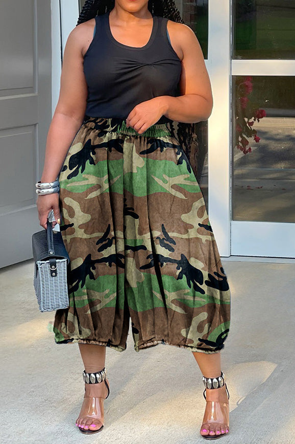 Camo Print Elastic Waist Capri Jeans Lavish Daily