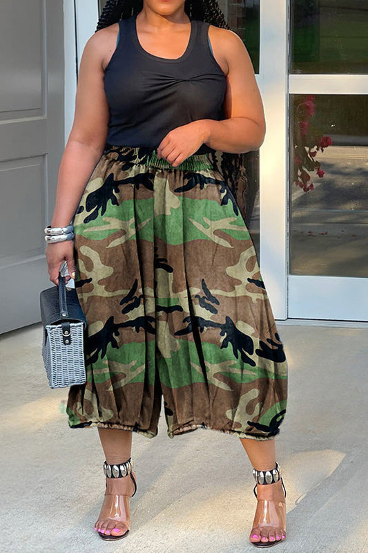 Camo Print Elastic Waist Capri Jeans Lavish Daily