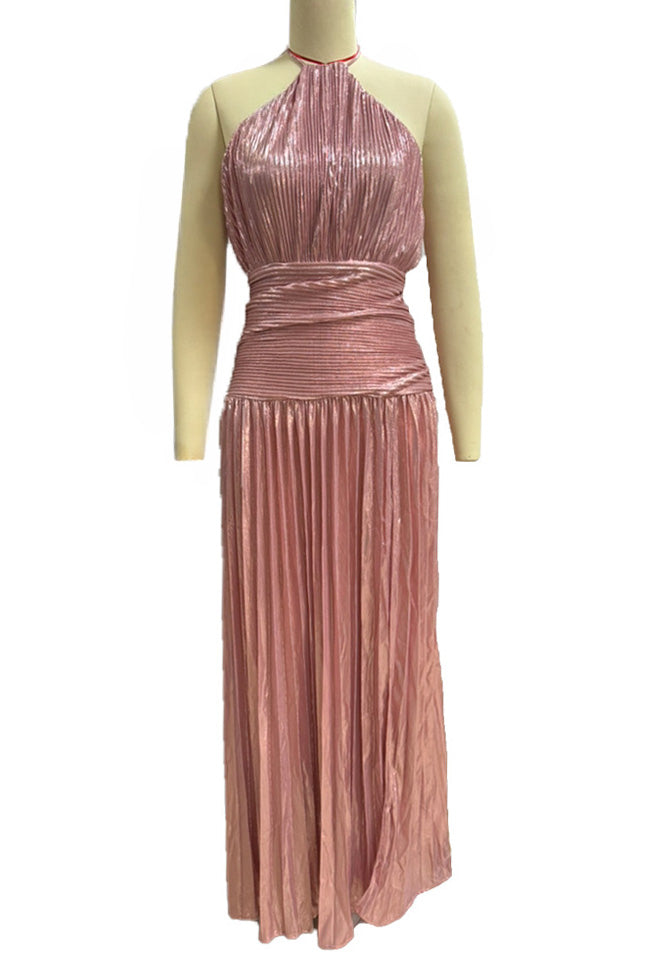 Metallic Pleated Halter Tie Split Dress Lavish Daily