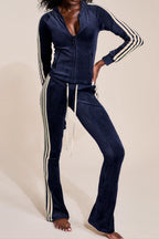 Zip Up Drawstring Stripe Flare Pants Set Lavish Daily