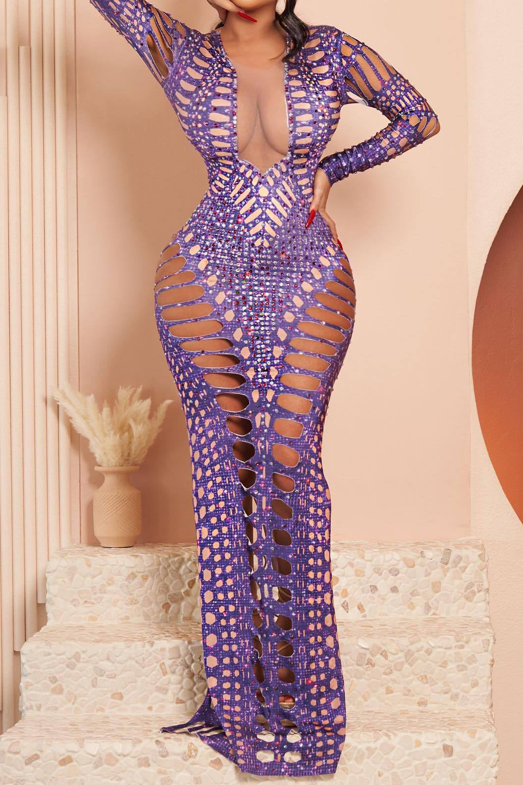 Mesh Deep V Long Sleeve Rhinestone Maxi Dresses Lavish Daily