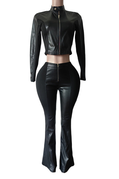 PU Leather Long Sleeve Top and Pants Set Lavish Daily