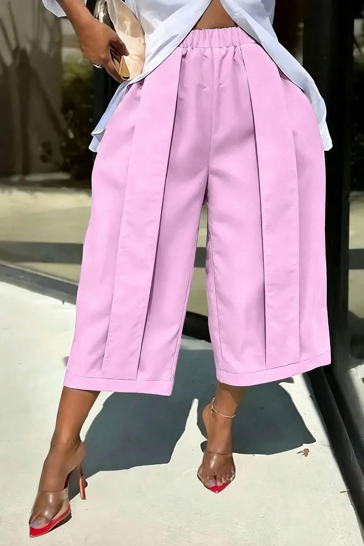 High Waist Pleated Wide Leg Culottes Lavish Daily