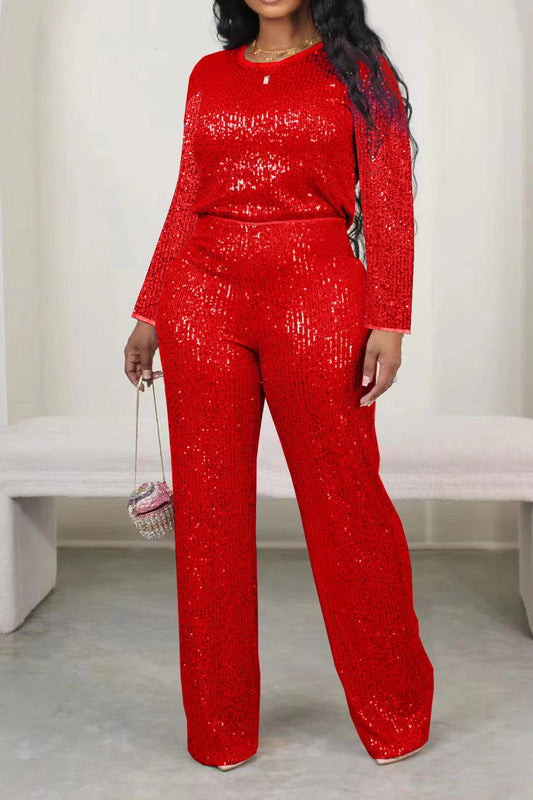 Sequin Round Neck Long Sleeve Top and Pants Set Lavish Daily