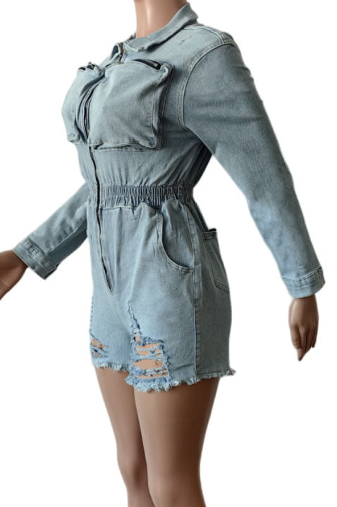 Long Sleeve Stretchy Washed Denim Romper Lavish Daily