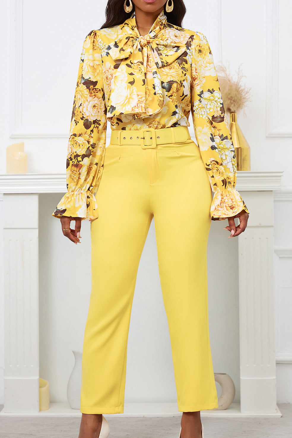 Floral Printing Blouse Solid Color Pants Set Lavish Daily