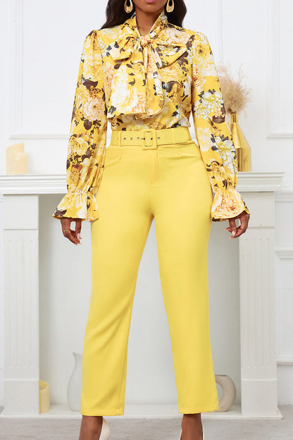 Floral Printing Blouse Solid Color Pants Set Lavish Daily
