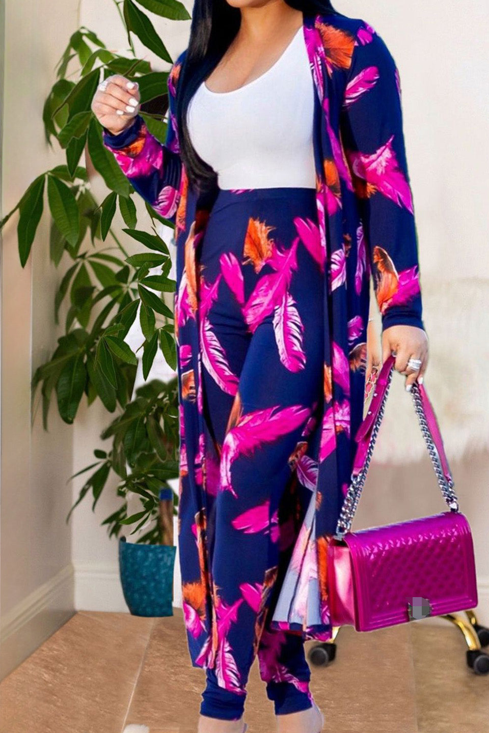 Printed Pants with Long Cardigan Set Lavish Daily