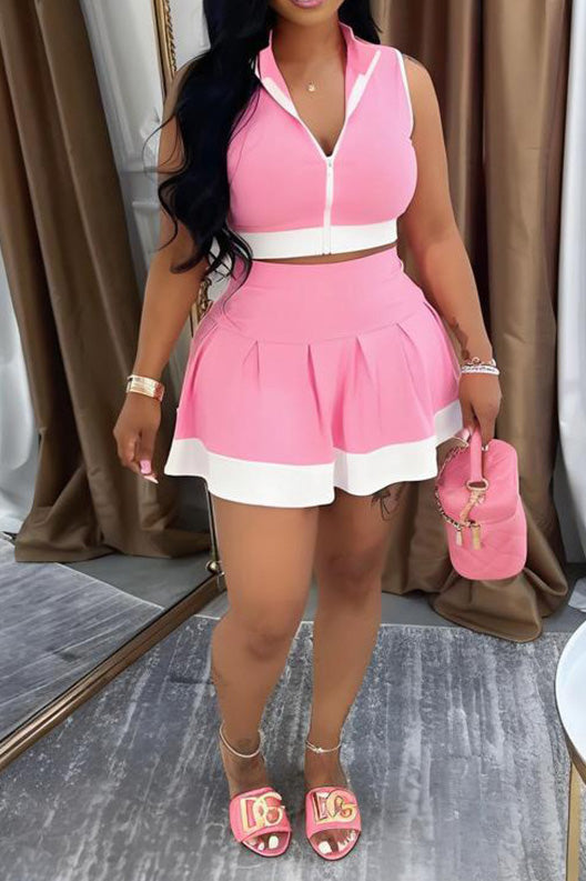 Colorblock Sleeveless Zip Top and Skirt Outfit Lavish Daily