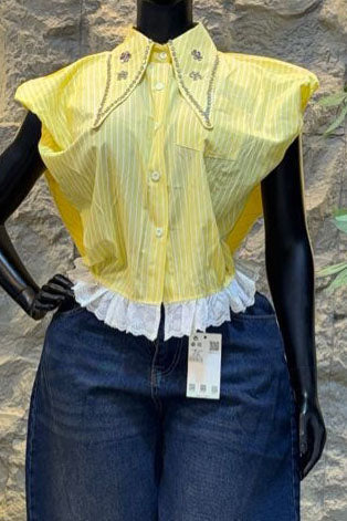 Embellished Collar Striped Blouse Lavish Daily
