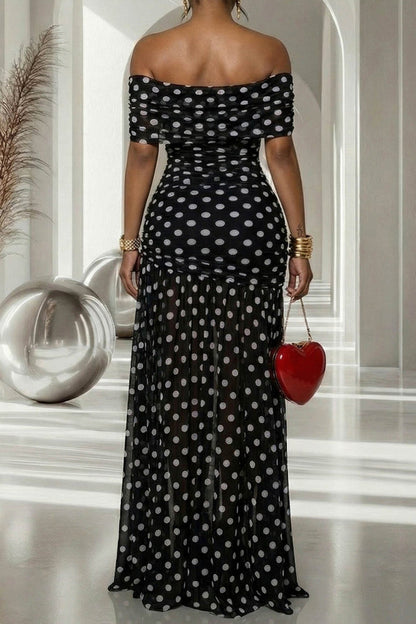 Polka Dot Off-Shoulder Slit Maxi Dress Lavish Daily