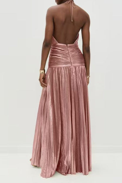 Metallic Pleated Halter Tie Split Dress Lavish Daily