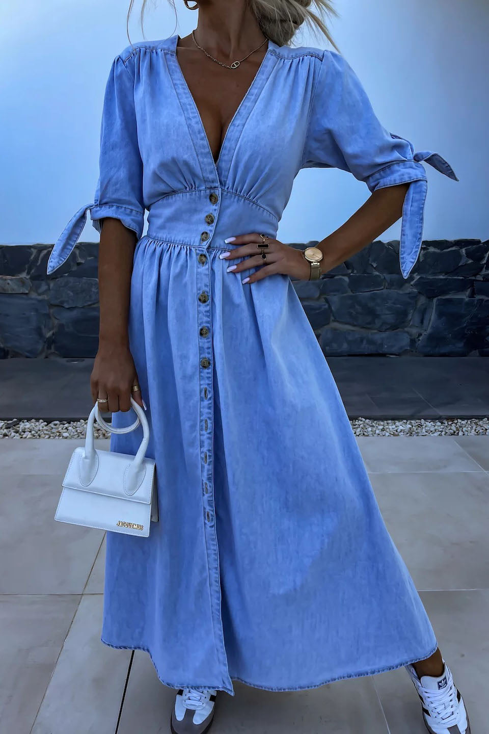 Single-Breasted V-Neck Denim Dress Lavish Daily