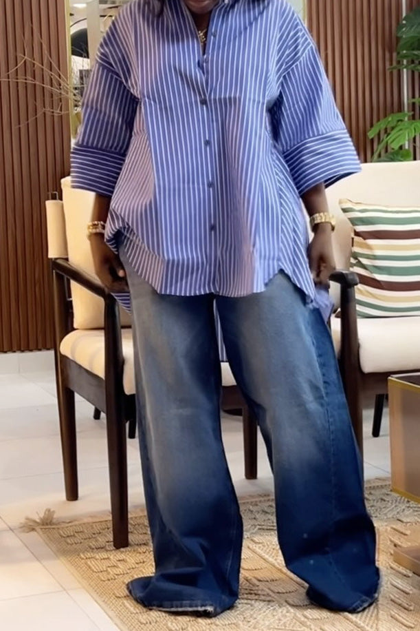 Blue Striped Loose Fit Long Sleeve Shirt Lavish Daily