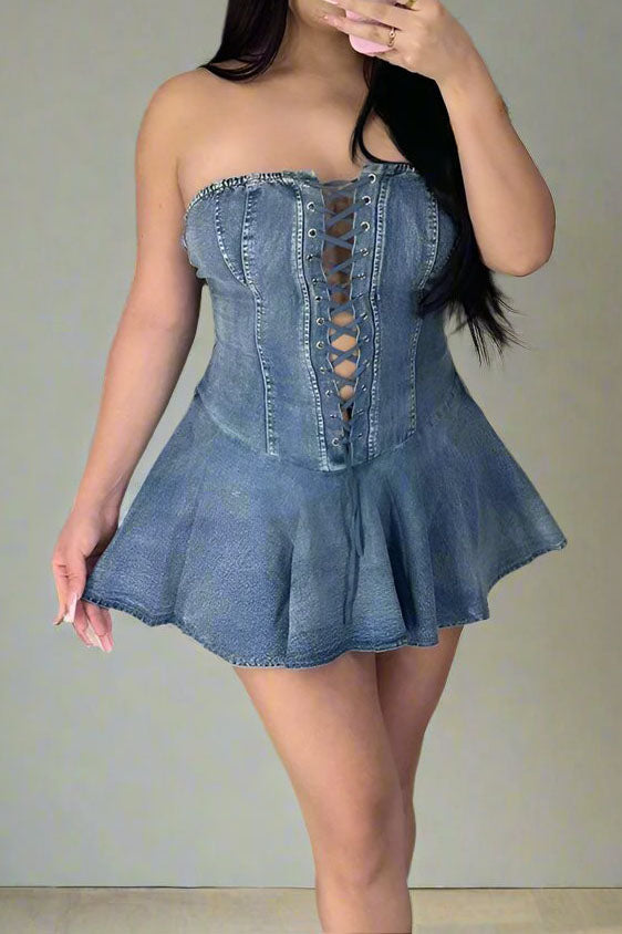 Sweet Denim Corset Flare Mini Dress Lavish Daily