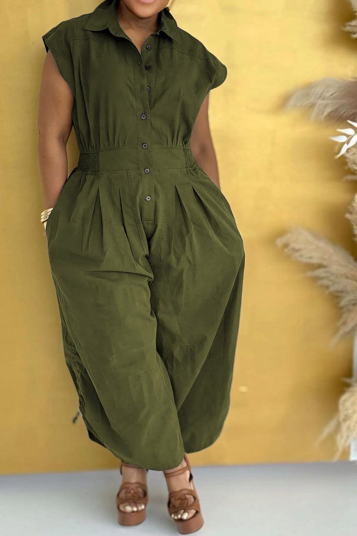 Lapel Sleeveless Buttoned Cargo Jumpsuit Lavish Daily