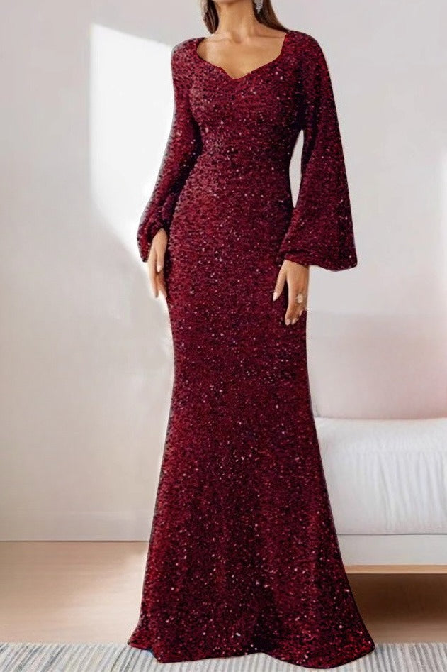 V-Neck Sequin Fitted Long Sleeve Gown Lavish Daily