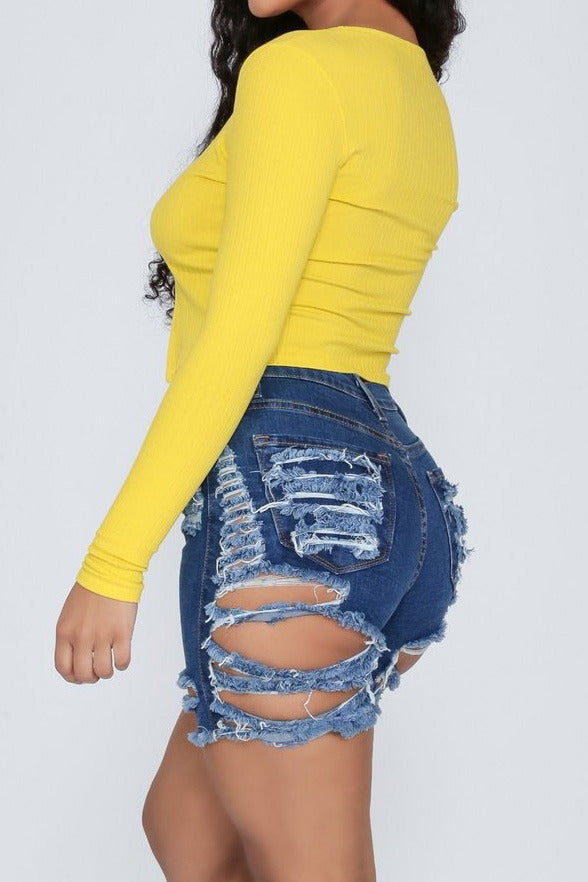 Distressed Cutout Denim Bermuda Shorts LavishDaily