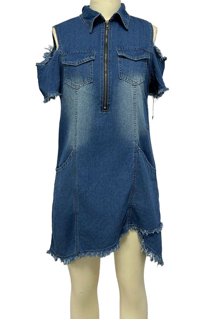 Cold Shoulder Zip Front Denim Mini Dress Lavish Daily