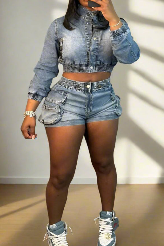 Button-Up Crop Denim Jacket And Cargo Short Set Lavish Daily