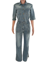 Stretch Denim Jumpsuit with Split Flare Legs Lavish Daily