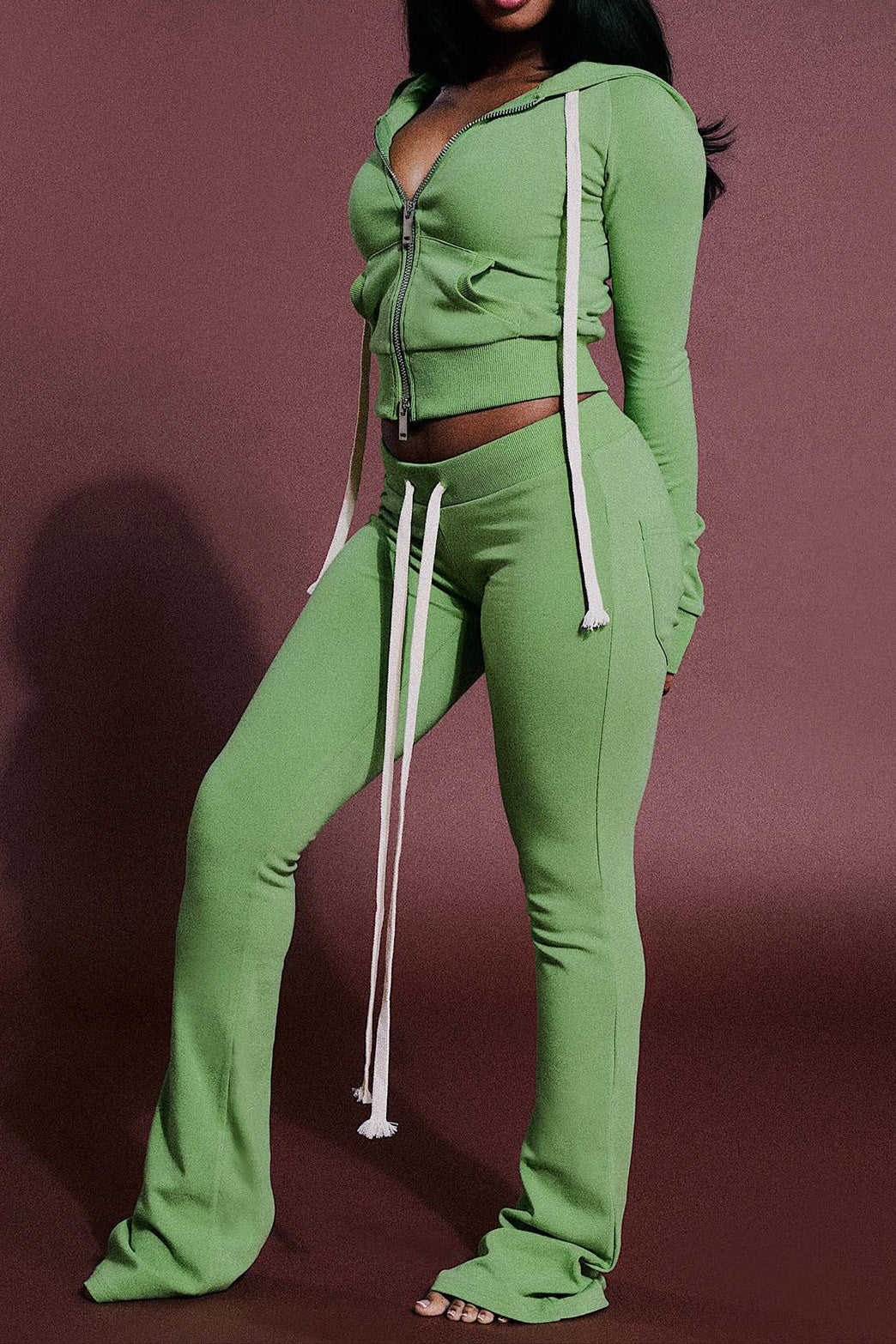 Hooded Zip Sweatshirt and Flare Pants Set Lavish Daily