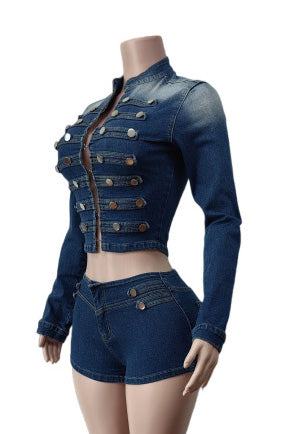 Military Denim Jacket & Shorts Set Lavish Daily