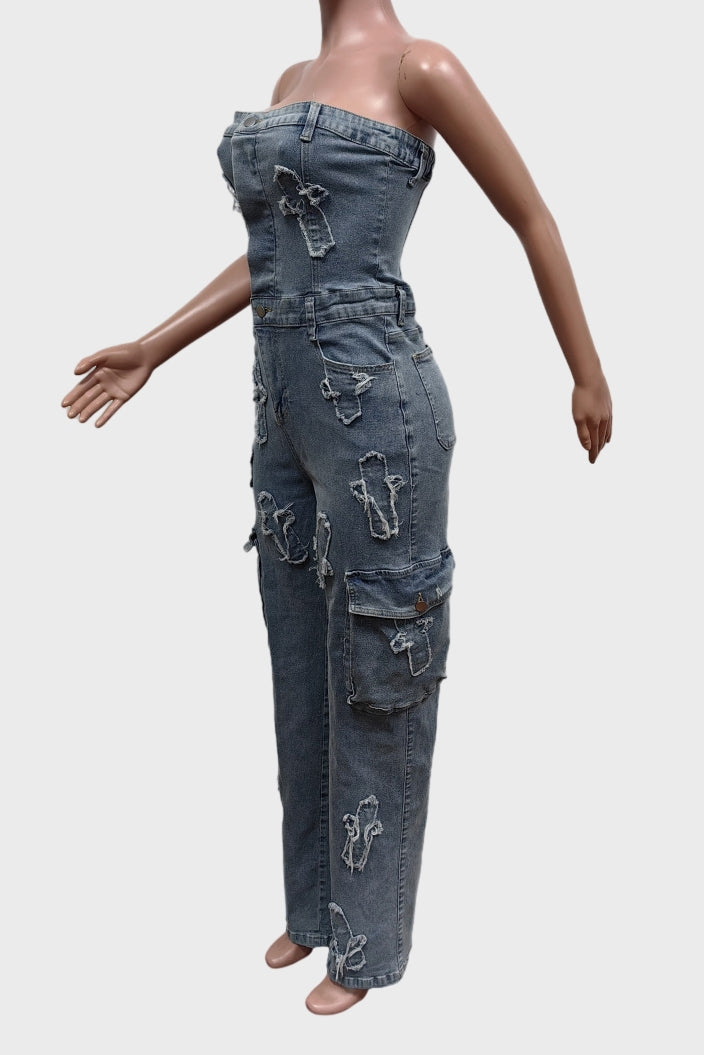 One Piece Denim Cargo Jumpsuit Lavish Daily