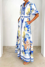 Printed Turn-Down Collar Maxi Dress Lavish Daily