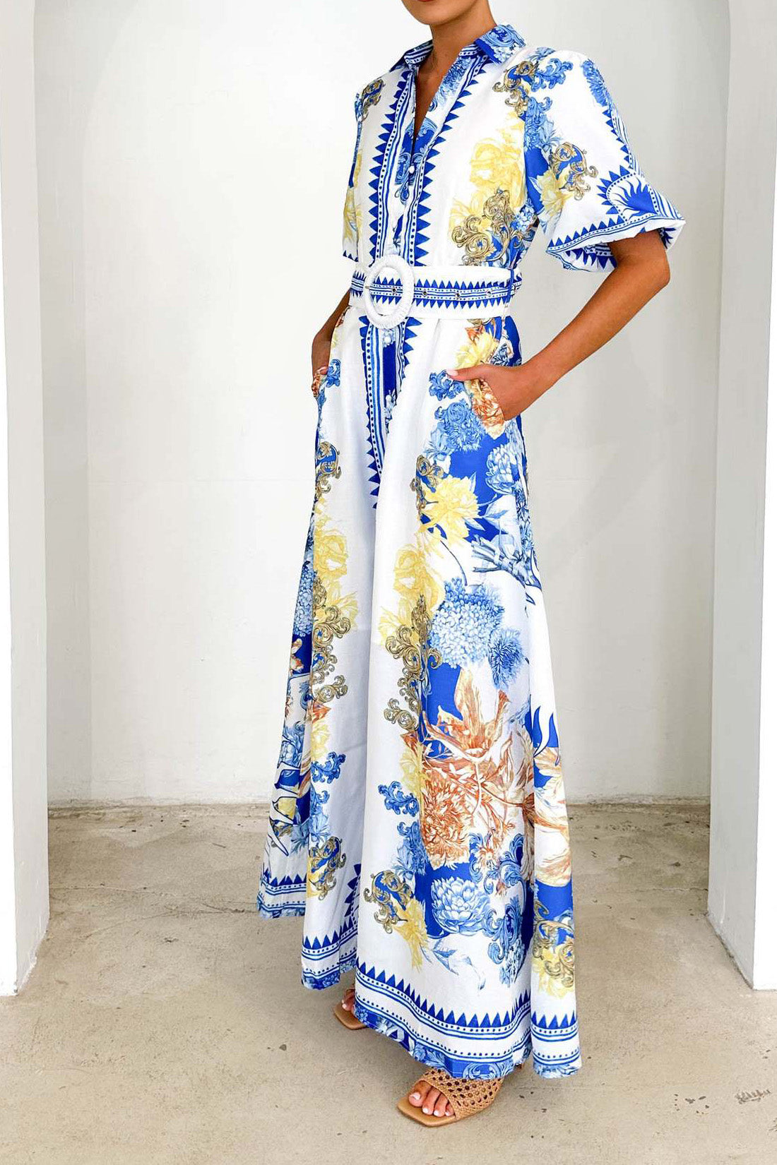 Printed Turn-Down Collar Maxi Dress Lavish Daily