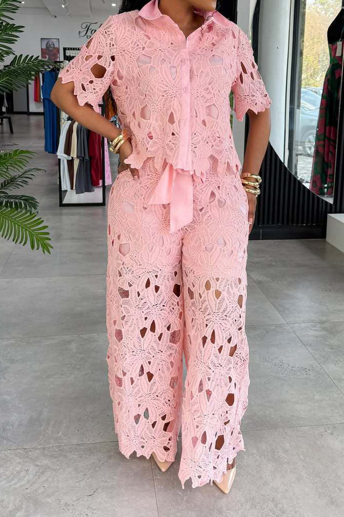 Lace Cutout Tie Waist Wide Leg Two Piece Set Lavish Daily