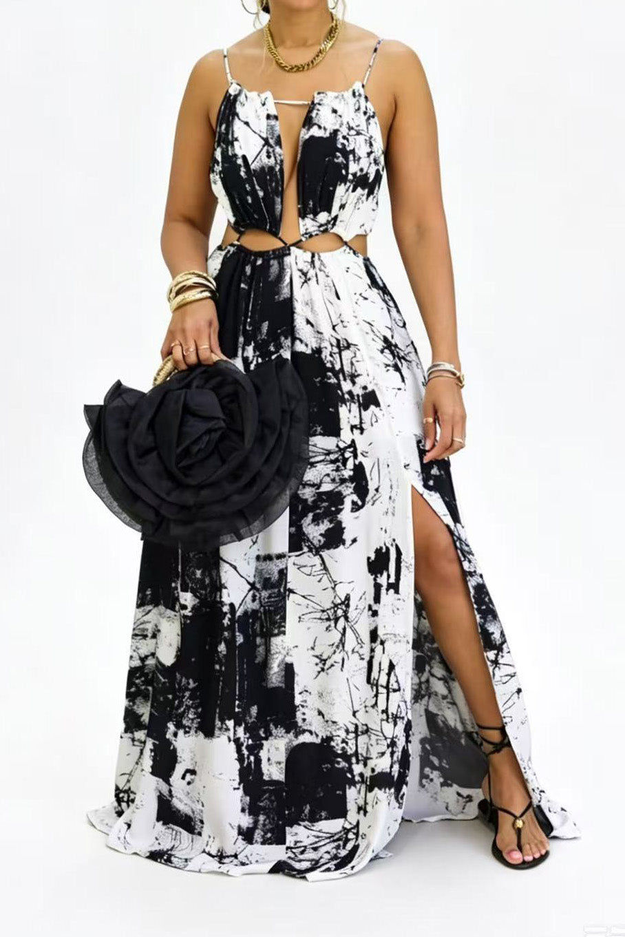 Abstract Print Cutout Slit Maxi Dress Lavish Daily