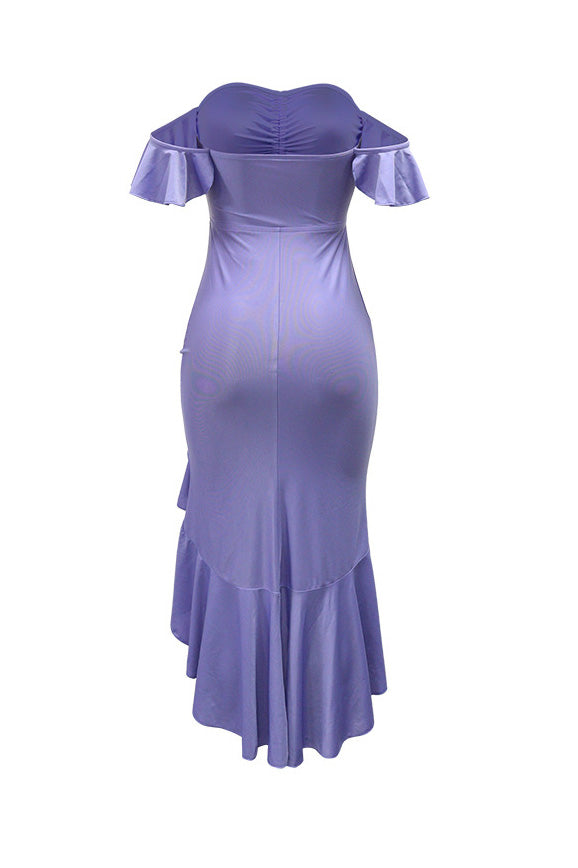 Off Shoulder Ruffle Slit Asym Bodycon Dress Lavish Daily