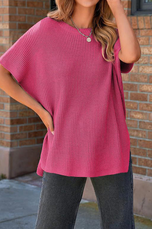 Short Sleeve Side Slit Oversized Sweater Lavish Daily