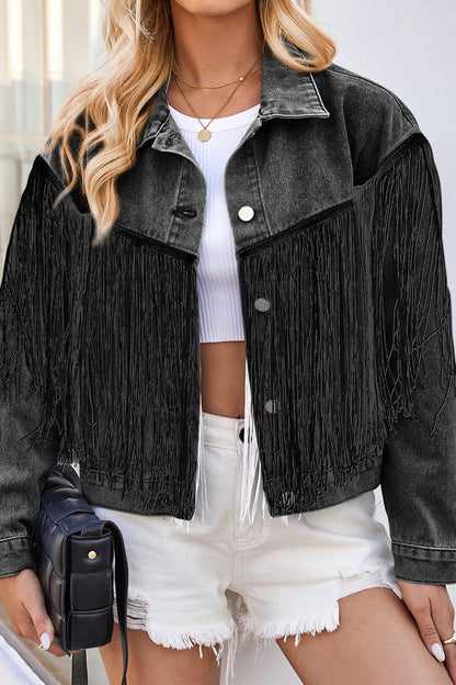 Washed Tassel Long Sleeve Denim Jacket Lavish Daily