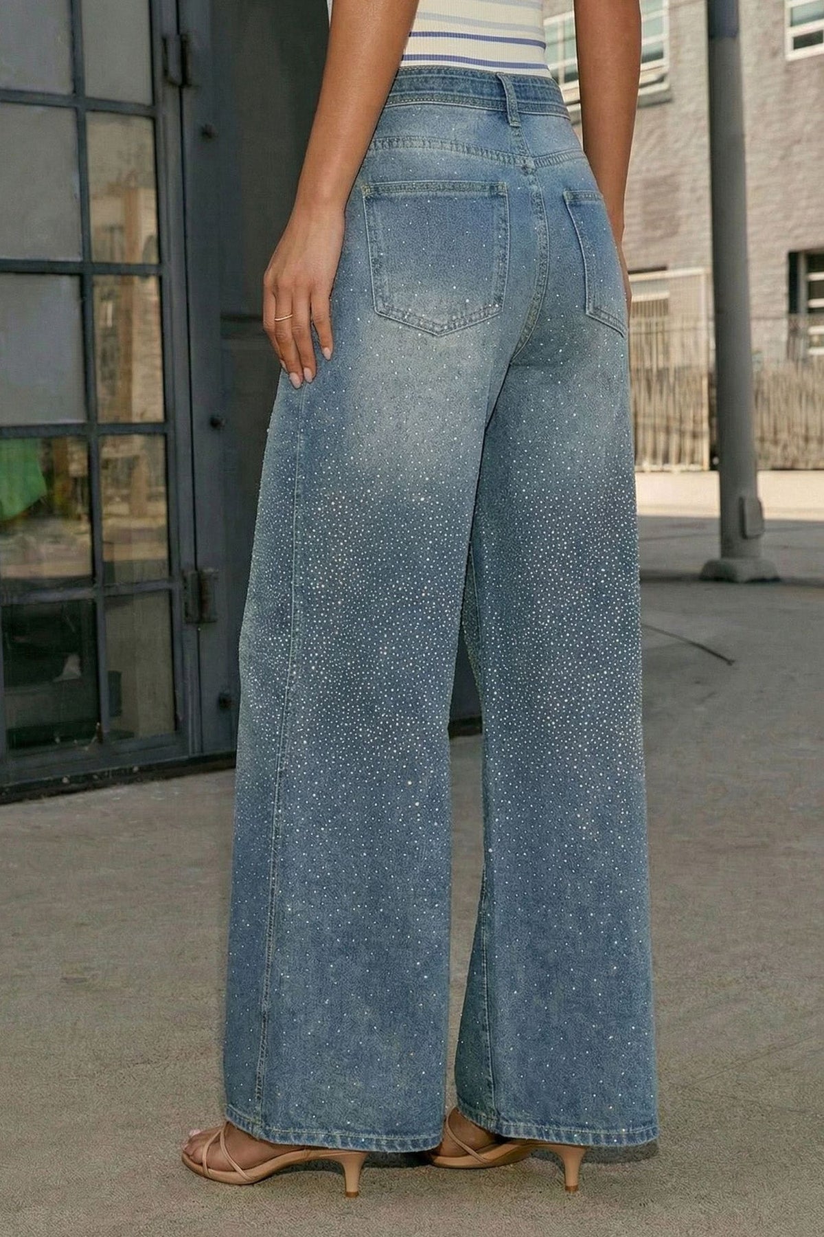 Rhinestone Sparkle Wide Leg Jeans High Waisted Lavish Daily