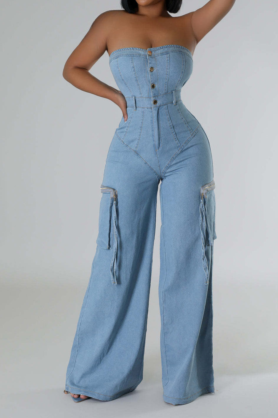 Slim Fit Strapless Denim Jumpsuit Lavish Daily